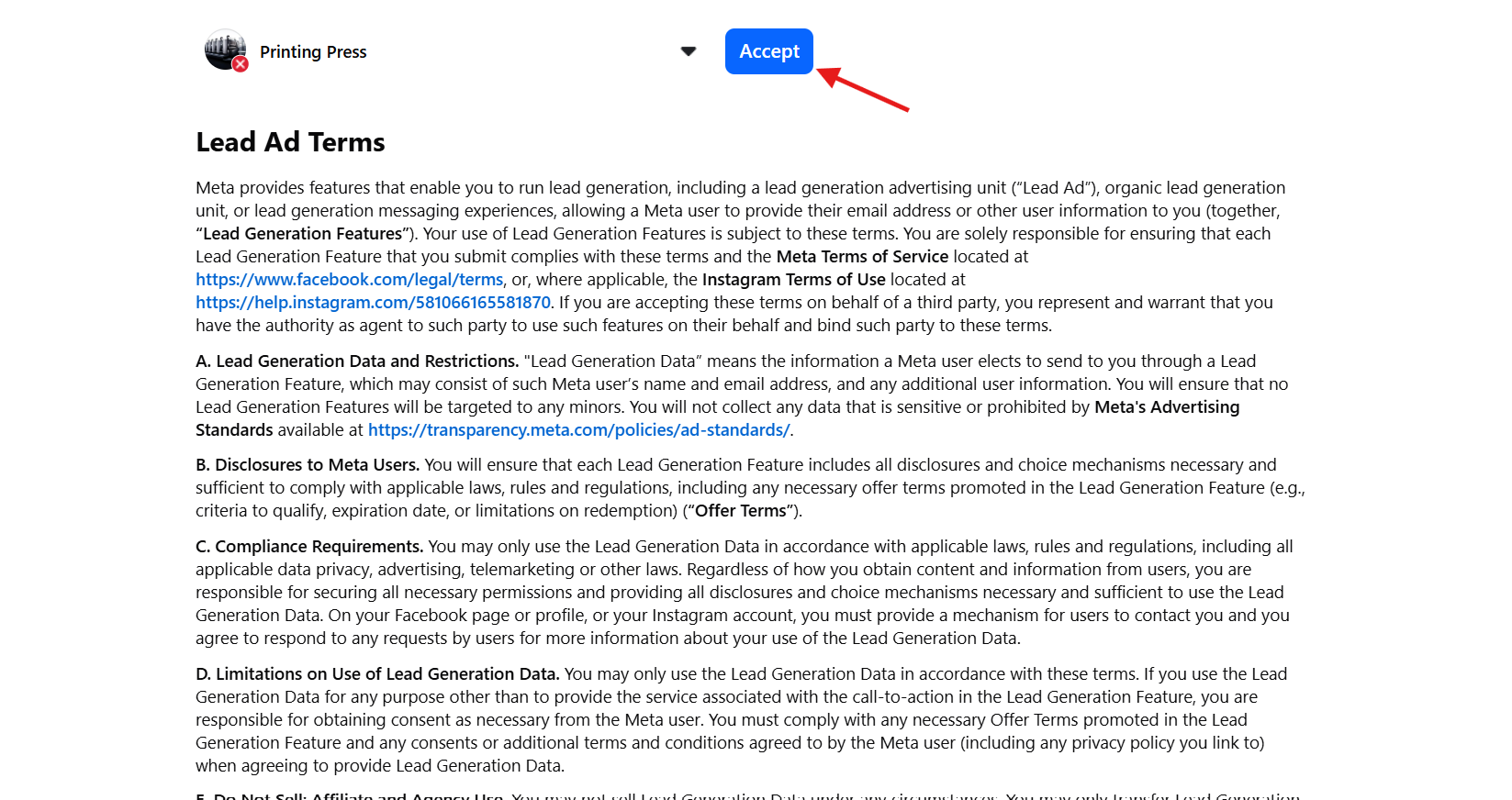 Facebook's Lead Ads Terms of Service screen — select your Page from the dropdown, then click Accept